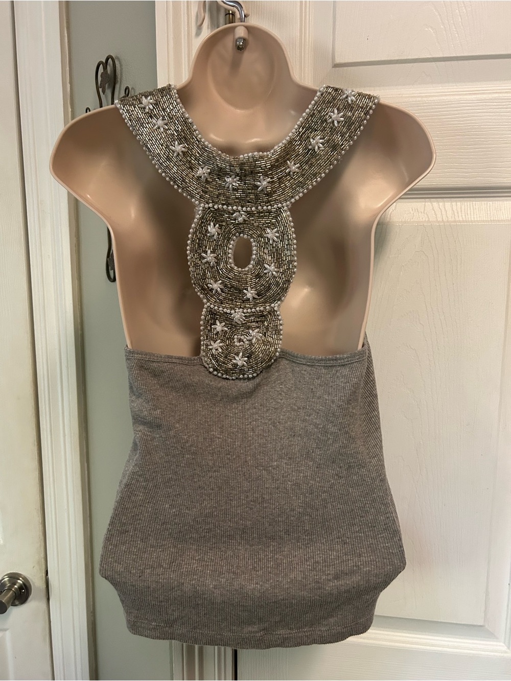 Newport News 90s Embellished Grey Beaded Back Knit Tank Top Racerback Glam Vtg
